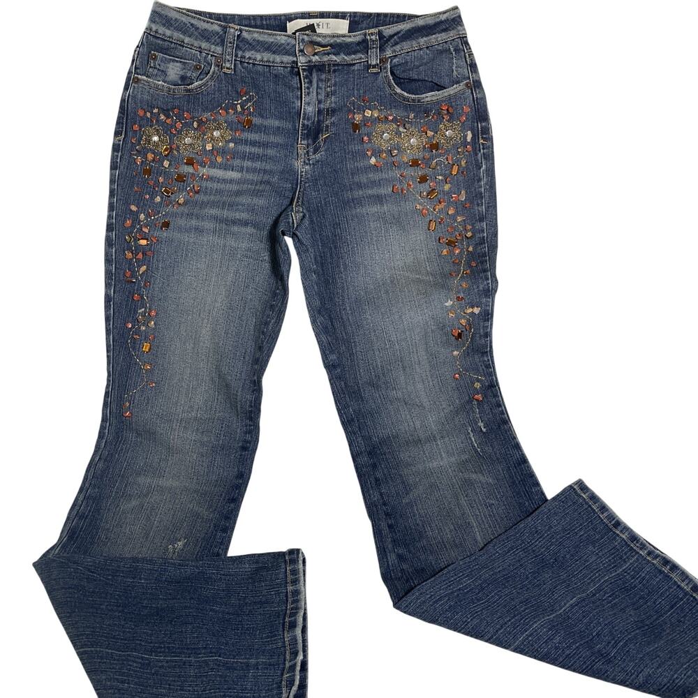Mixit Women's Flare Jeans Blue Floral Embellished Stretch Mid Rise Size 8